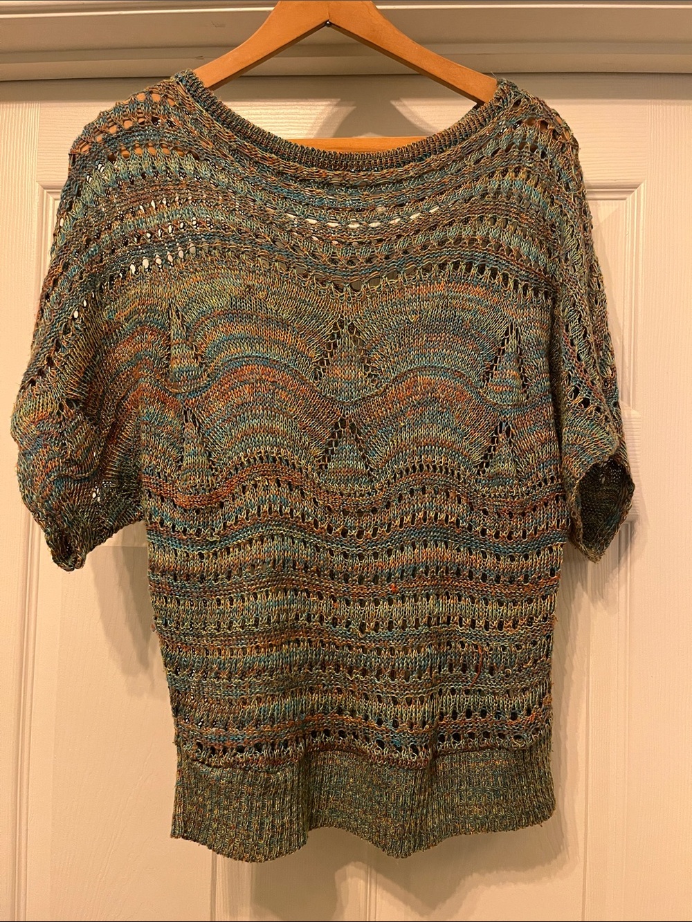 Open-Knit Multicolor Short-Sleeve Sweater